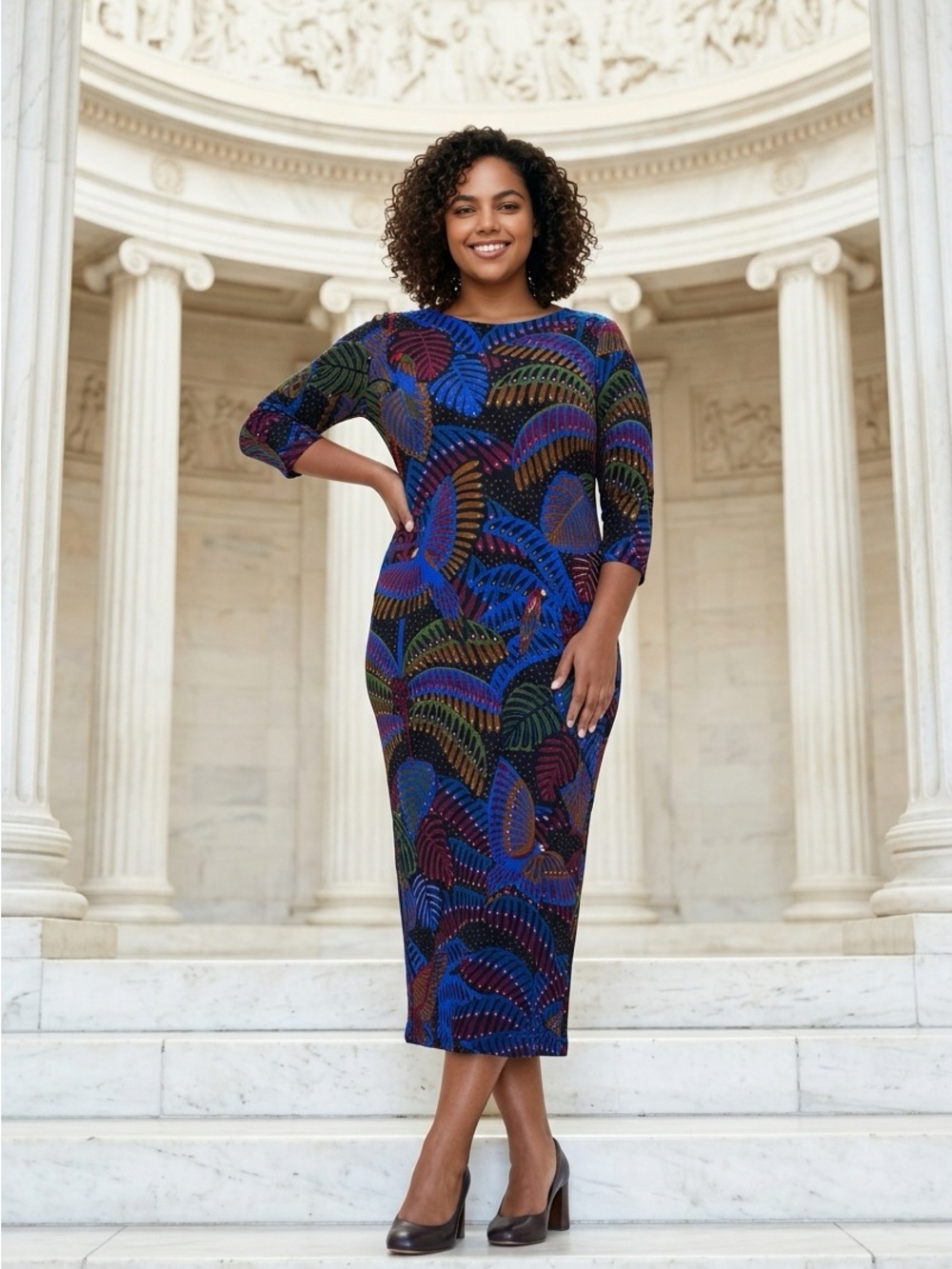 Farm Rio Black Midnight Island Half Sleeve Midi Dress Size Large Bodycon Curvy
